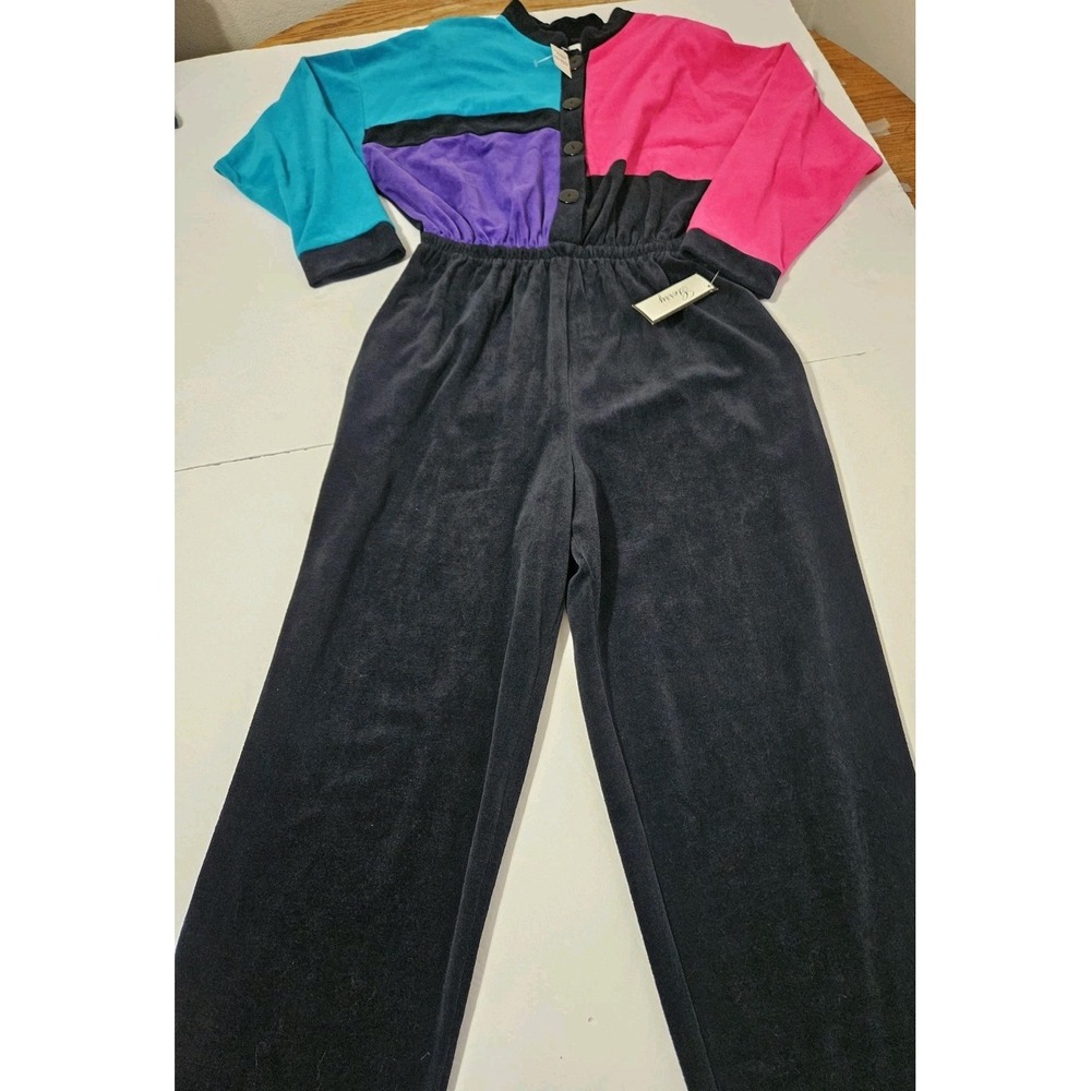 Gerry Vintage Velour 80s Multicolor Shoulder Pad Jumpsuit USA Made Size Large